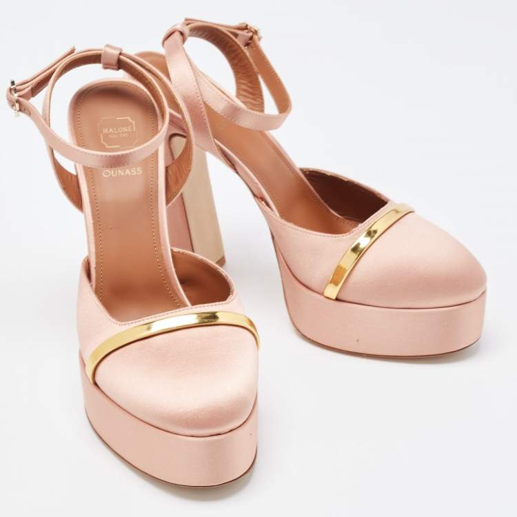 Pre Owned Malone Souliers Pink/Gold Satin Platform Mora Pumps Size 39