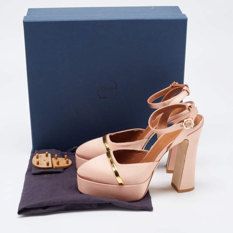 Pre Owned Malone Souliers Pink/Gold Satin Platform Mora Pumps Size 39