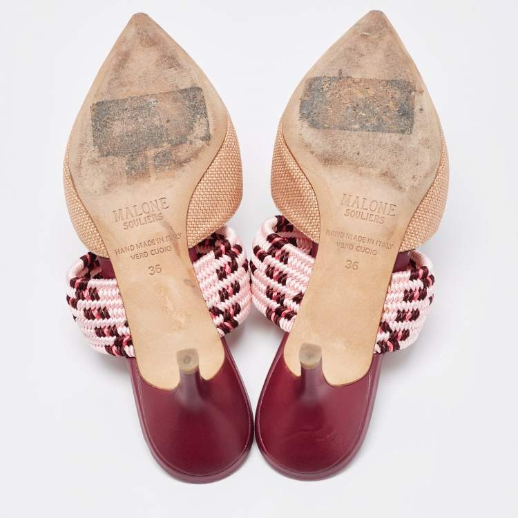 مملوكة مسبقًا Malone Souliers Brown/Pink Raffia and Fabric Maisie Mules Size 36
