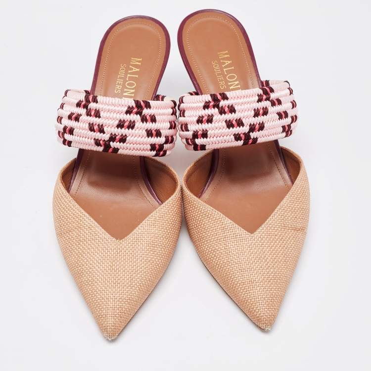 مملوكة مسبقًا Malone Souliers Brown/Pink Raffia and Fabric Maisie Mules Size 36