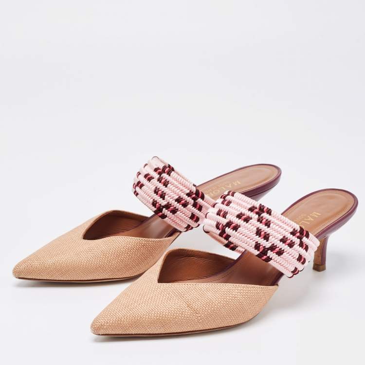 مملوكة مسبقًا Malone Souliers Brown/Pink Raffia and Fabric Maisie Mules Size 36