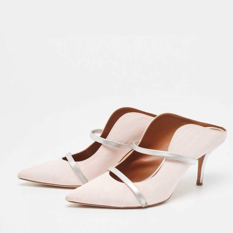 Pre Owned Malone Souliers Pink/Silver Fabric and Leather Maureen Mules Size 40.5 