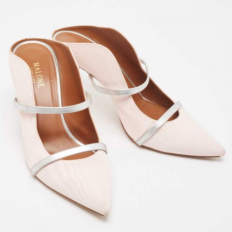 Pre Owned Malone Souliers Pink/Silver Fabric and Leather Maureen Mules Size 40.5 