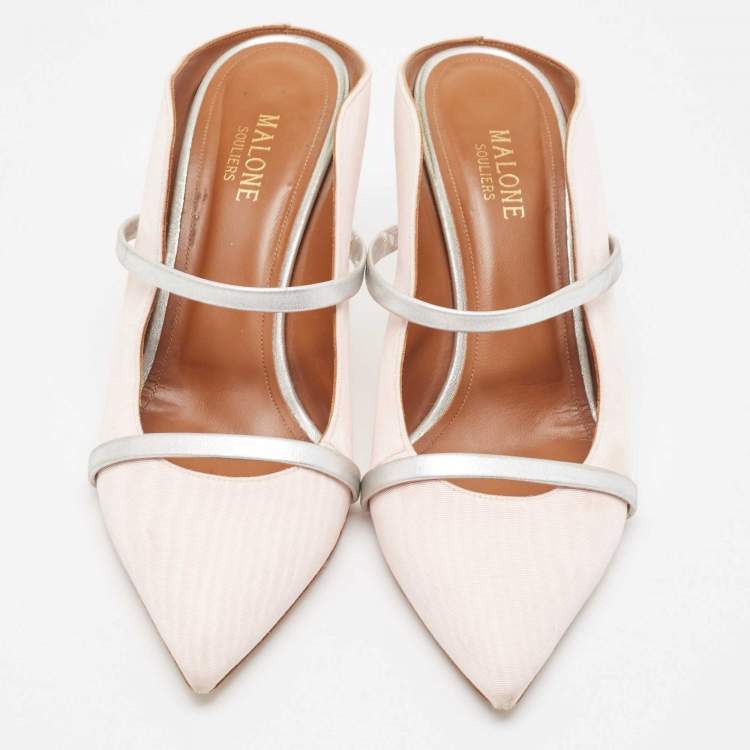 Pre Owned Malone Souliers Pink/Silver Fabric and Leather Maureen Mules Size 40.5 