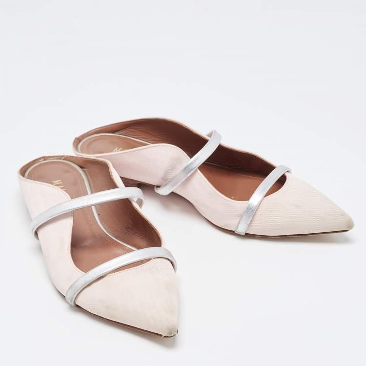 Pre Owned Malone Souliers Pink/Silver Fabric and Leather Maureen Flat Mules Size 36