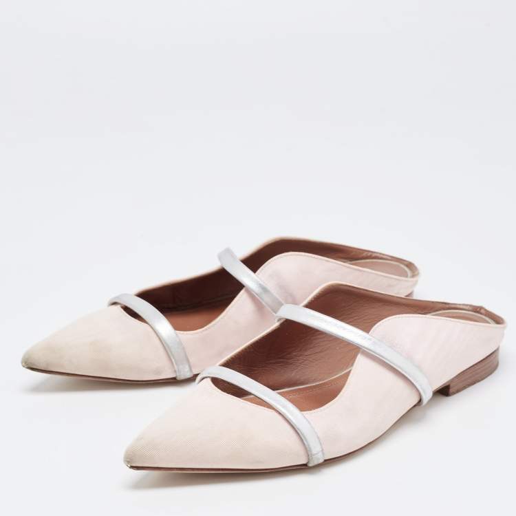 Pre Owned Malone Souliers Pink/Silver Fabric and Leather Maureen Flat Mules Size 36