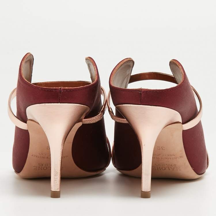 مملوكة مسبقًا Malone Souliers Burgundy/Rose Gold Satin Maureen Mules Size 39