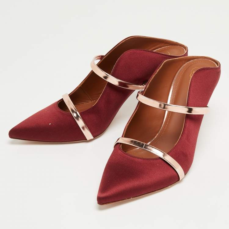 مملوكة مسبقًا Malone Souliers Burgundy/Rose Gold Satin Maureen Mules Size 39