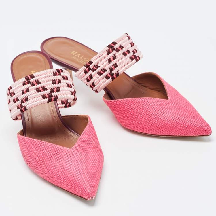 Pre Owned Malone Souliers Pink Raffia Maisie Mules Size 37.5
