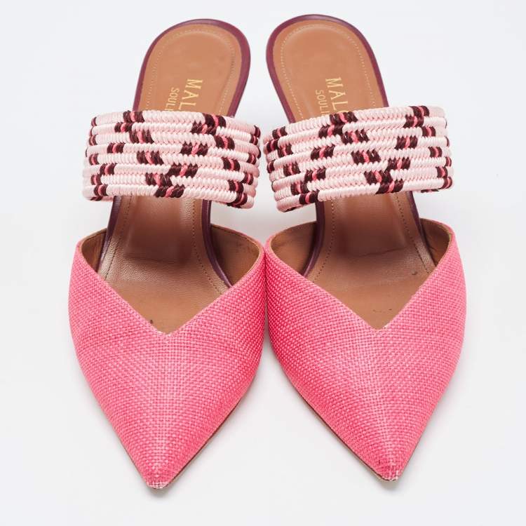 Pre Owned Malone Souliers Pink Raffia Maisie Mules Size 37.5