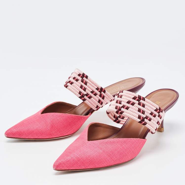 Pre Owned Malone Souliers Pink Raffia Maisie Mules Size 37.5