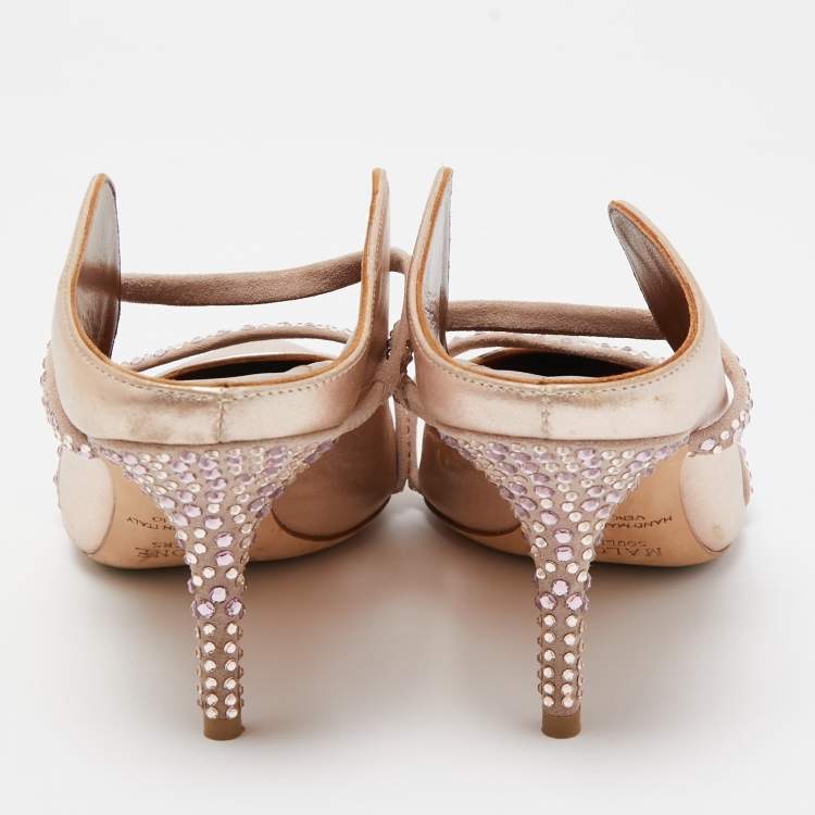 Pre Owned Malone Souliers Rose Gold Leather Crystal Embellished Maureen Mules Size 38