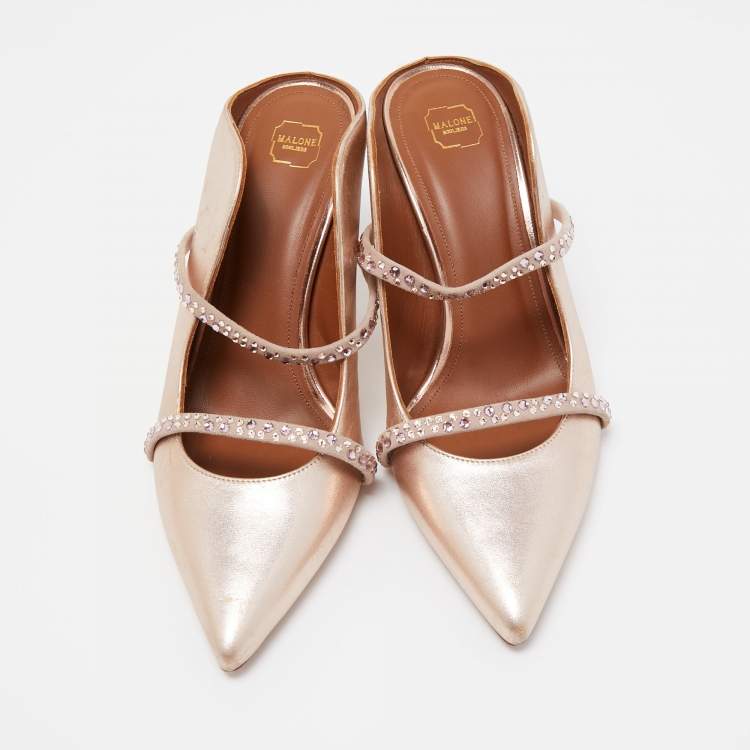 Pre Owned Malone Souliers Rose Gold Leather Crystal Embellished Maureen Mules Size 38