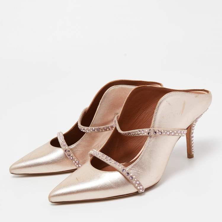 Pre Owned Malone Souliers Rose Gold Leather Crystal Embellished Maureen Mules Size 38