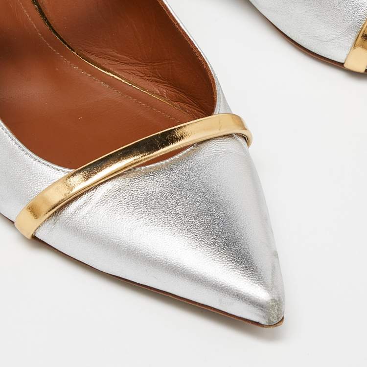 Pre Owned Malone Souliers Silver/Gold Leather Maureen Flat Mules Size 38.5