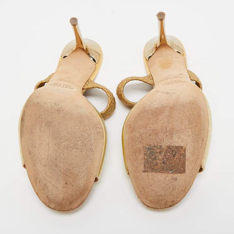 Pre Owned Malone Souliers Gold Textured Leather and Woven Lurex Fabric Milena Sandals Size 37