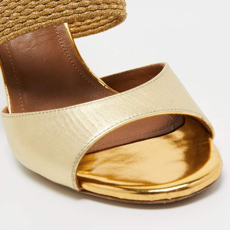 Pre Owned Malone Souliers Gold Textured Leather and Woven Lurex Fabric Milena Sandals Size 37
