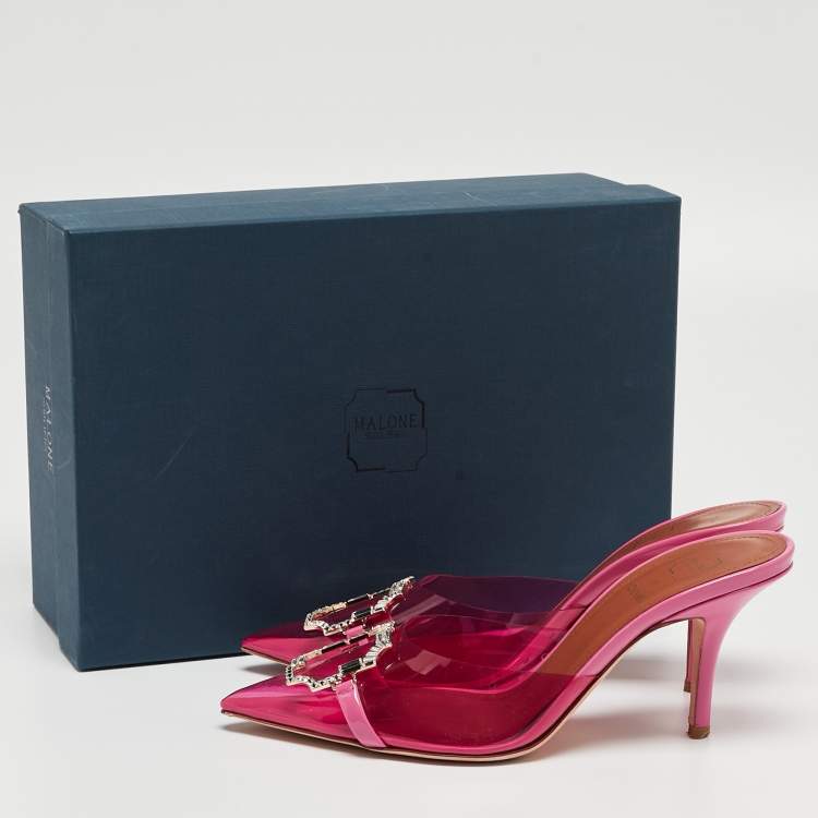 Pre Owned Malone Souliers Pink PVC Crystal Embellished Mules Size 38   