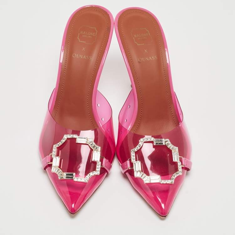 Pre Owned Malone Souliers Pink PVC Crystal Embellished Mules Size 38   