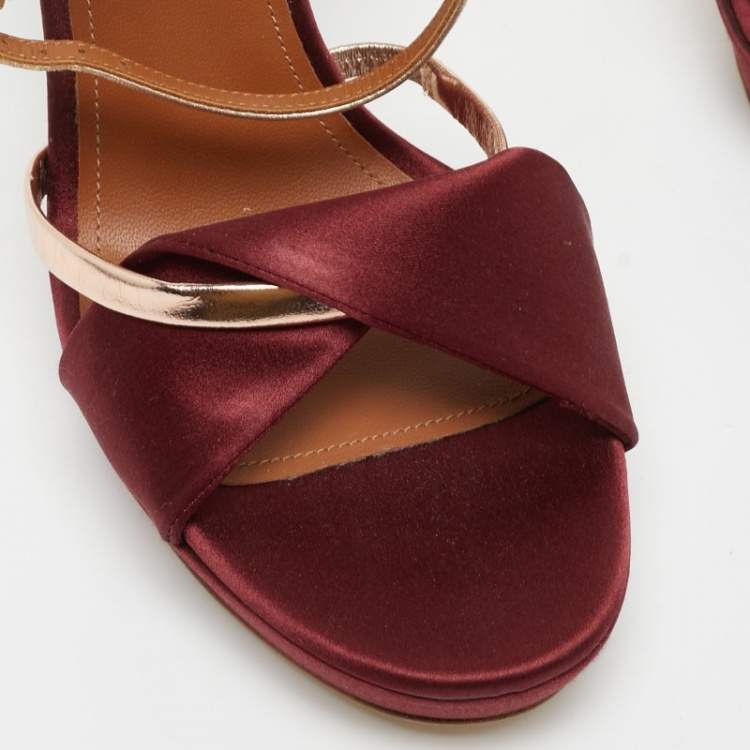 Pre Owned Malone Souliers Burgundy/Gold Satin Miranda Ankle Strap Sandals Size 41