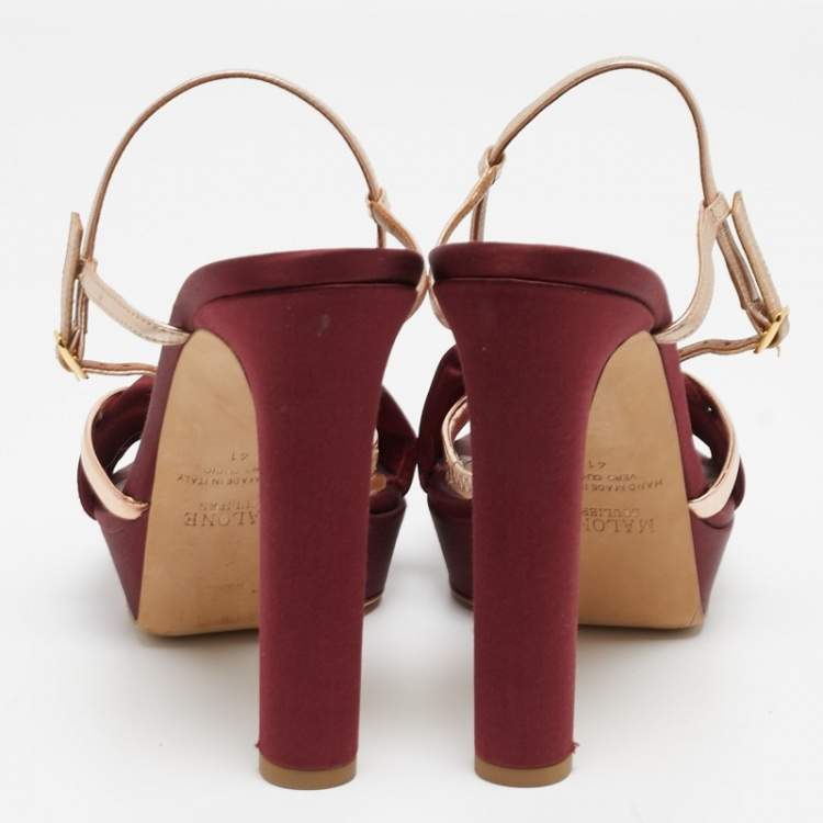 Pre Owned Malone Souliers Burgundy/Gold Satin Miranda Ankle Strap Sandals Size 41