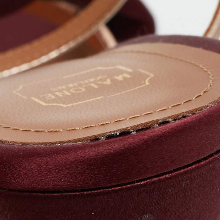 Pre Owned Malone Souliers Burgundy/Gold Satin Miranda Ankle Strap Sandals Size 41