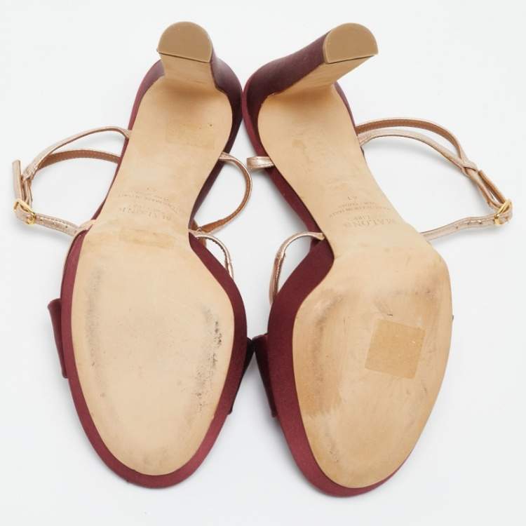 Pre Owned Malone Souliers Burgundy/Gold Satin Miranda Ankle Strap Sandals Size 41