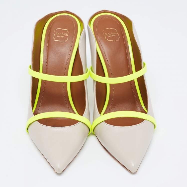 Pre Owned Malone Souliers Grey/Neon Green Leather and Patent Maureen Mules Size 39