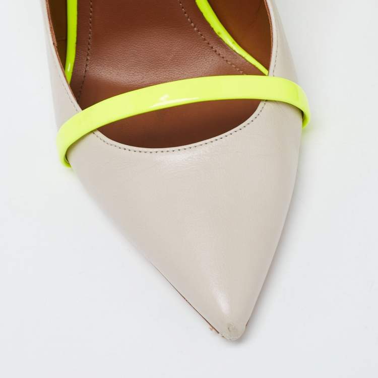 Pre Owned Malone Souliers Grey/Neon Green Leather and Patent Maureen Mules Size 39