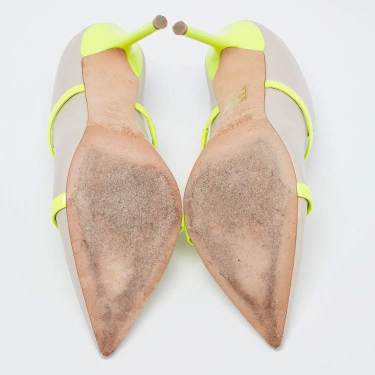 Pre Owned Malone Souliers Grey/Neon Green Leather and Patent Maureen Mules Size 39