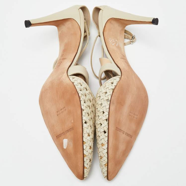 Pre Owned Manolo Blahnik Beige Woven Leather Ankle Strap Sandals Size 41