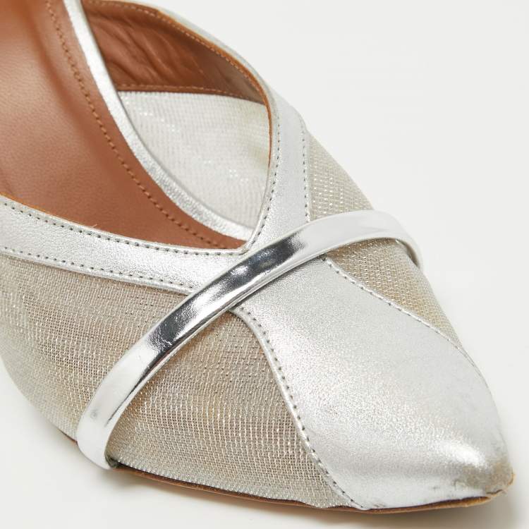 Pre Owned Malone Souliers Silver Leather and Mesh Bobbi Mules Size 38