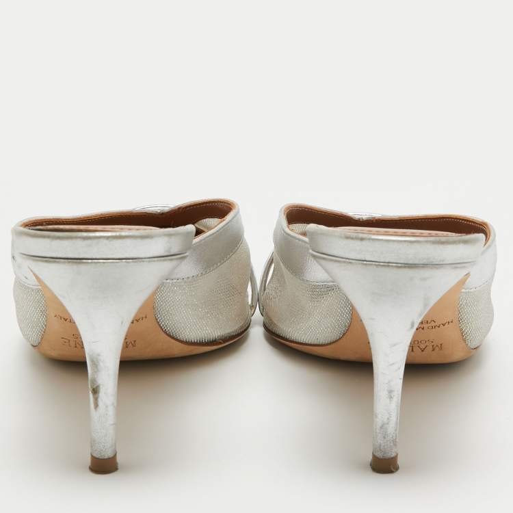 Pre Owned Malone Souliers Silver Leather and Mesh Bobbi Mules Size 38