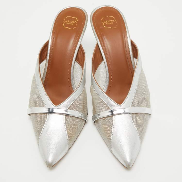 Pre Owned Malone Souliers Silver Leather and Mesh Bobbi Mules Size 38