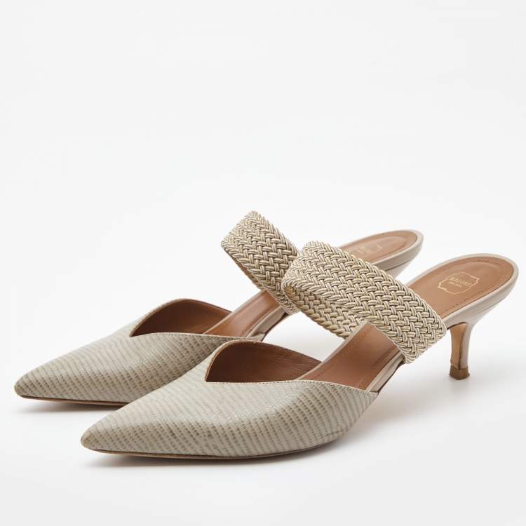 Pre Owned Malone Souliers Grey Lizard Embossed Leather Maisie Pointed Toe Mules Size 40.5