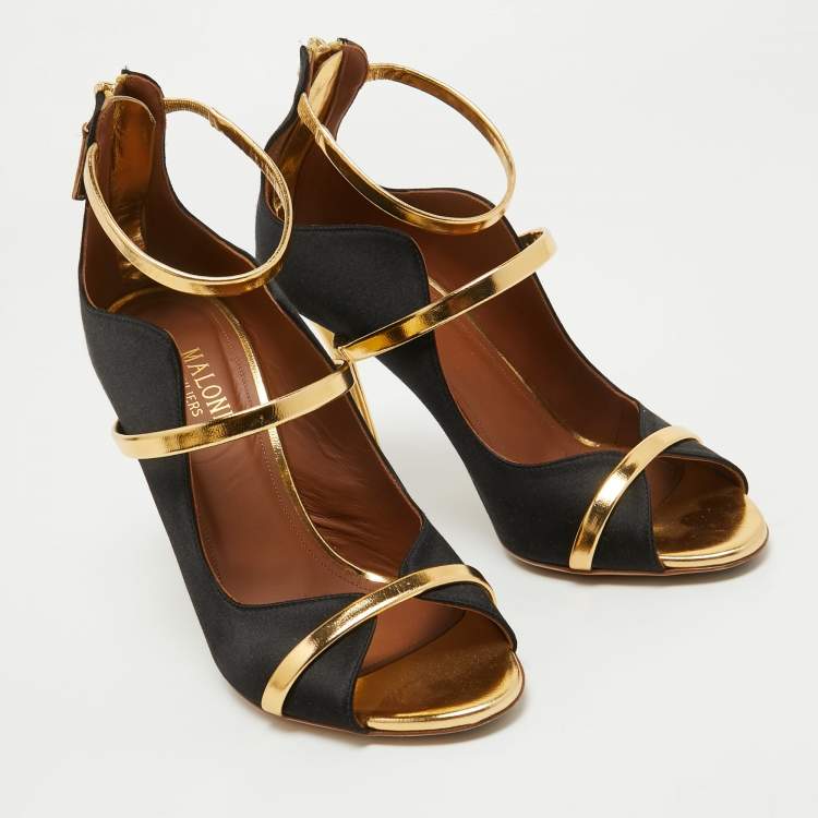 Pre Owned Malone Souliers Black/Gold Satin and Leather Mika Sandals Size 38