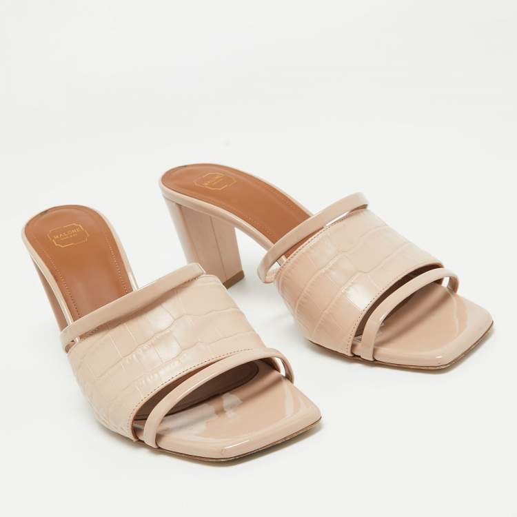 Pre Owned Malone Souliers  Beige Croc Embossed Leather Slides Size 39 