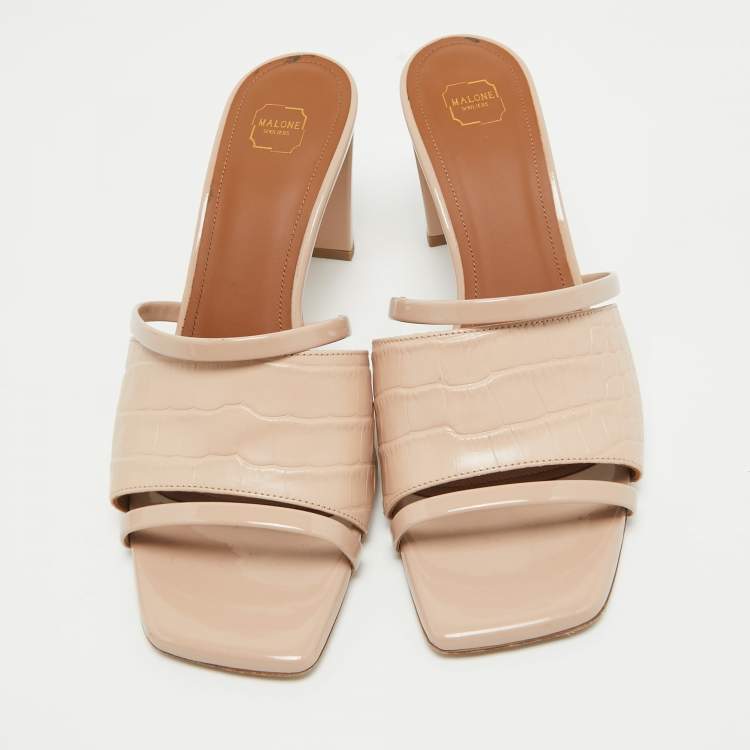 Pre Owned Malone Souliers  Beige Croc Embossed Leather Slides Size 39 