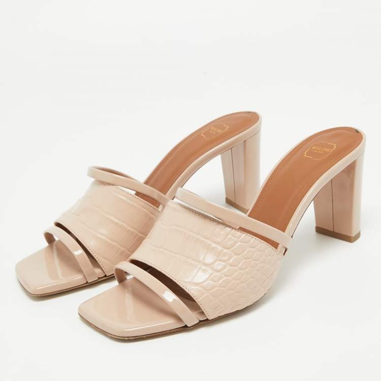 Pre Owned Malone Souliers  Beige Croc Embossed Leather Slides Size 39 