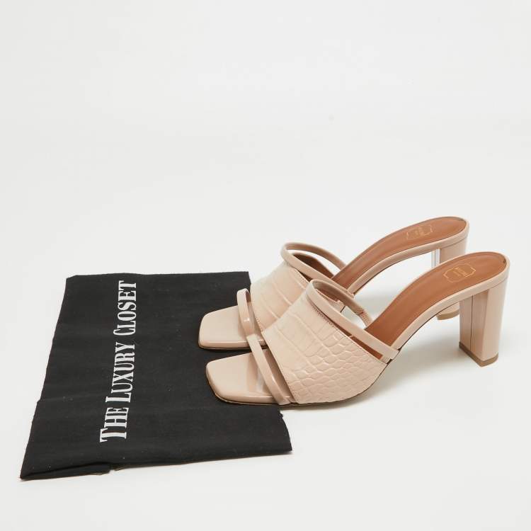 Pre Owned Malone Souliers  Beige Croc Embossed Leather Slides Size 39 