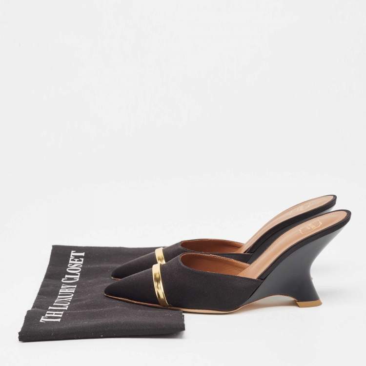 مملوكة مسبقًا Malone Souliers Black/Gold Satin and Leather Marilyn Wedge Mules Size 38