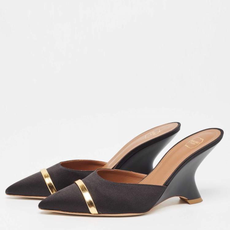 مملوكة مسبقًا Malone Souliers Black/Gold Satin and Leather Marilyn Wedge Mules Size 38
