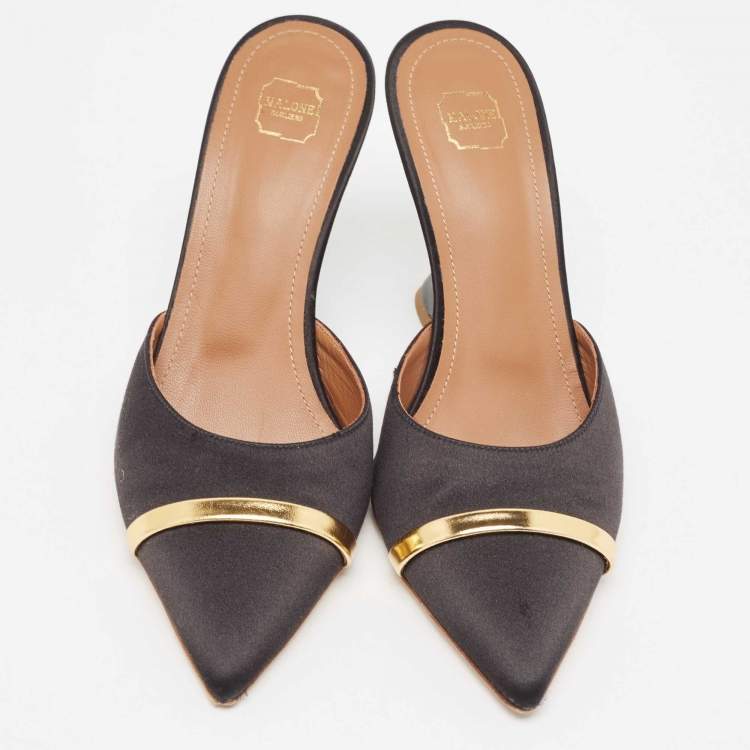 مملوكة مسبقًا Malone Souliers Black/Gold Satin and Leather Marilyn Wedge Mules Size 38