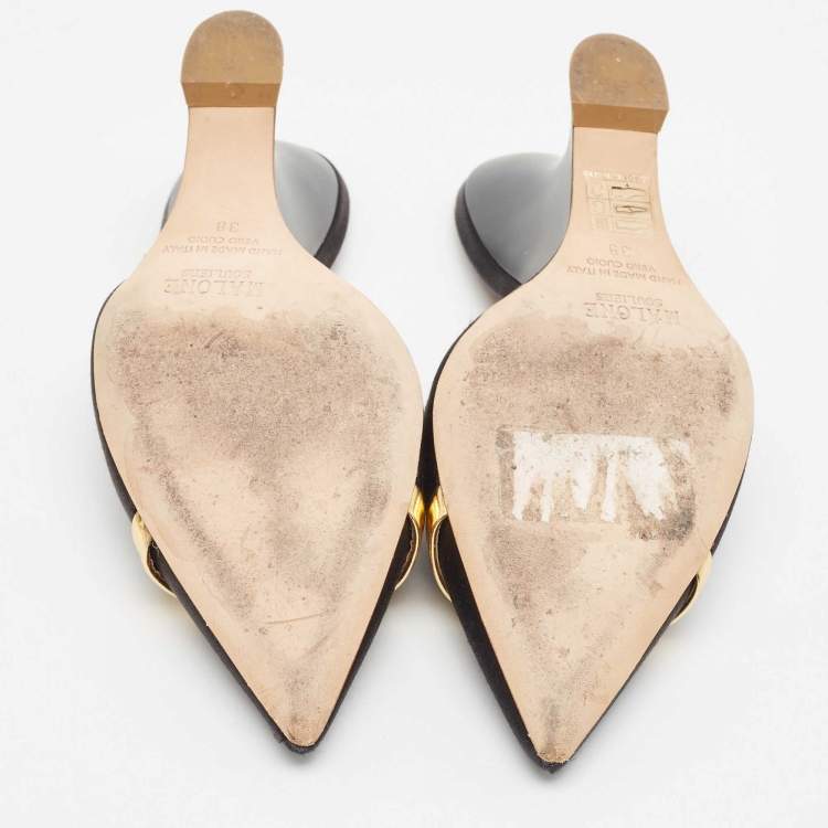 مملوكة مسبقًا Malone Souliers Black/Gold Satin and Leather Marilyn Wedge Mules Size 38