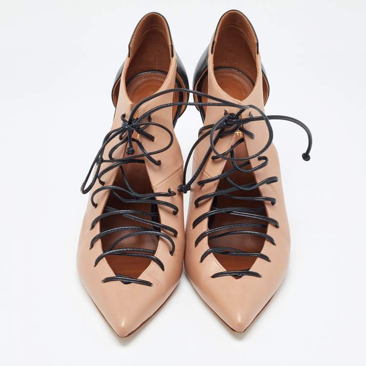 مملوكة مسبقًا Malone Souliers Beige/Black Leather Montana Lace Up Pumps Size 41.5