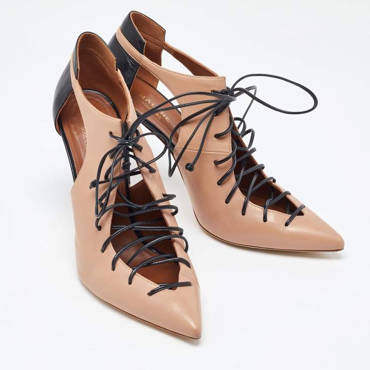 مملوكة مسبقًا Malone Souliers Beige/Black Leather Montana Lace Up Pumps Size 41.5