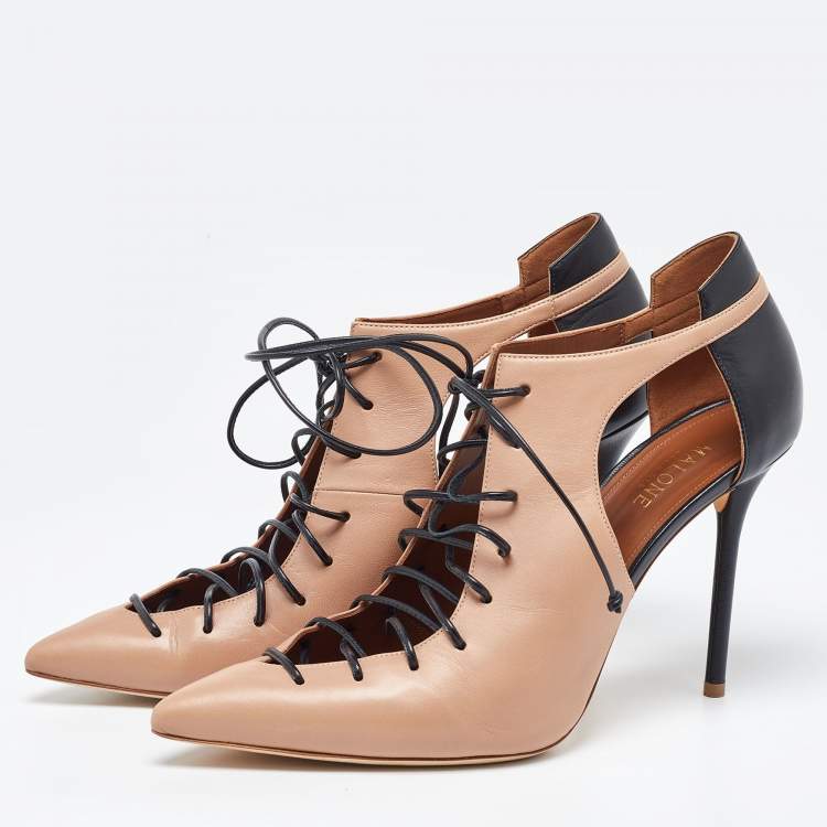 مملوكة مسبقًا Malone Souliers Beige/Black Leather Montana Lace Up Pumps Size 41.5