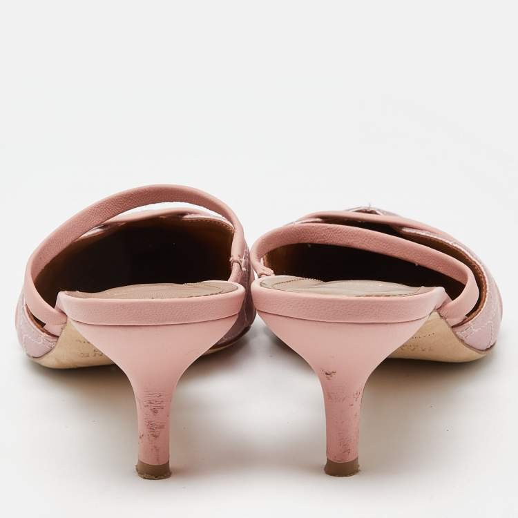 Pre Owned Malone Souliers Two Tone Pink Quilted Satin and Leather Frankie Mules Size 39.5