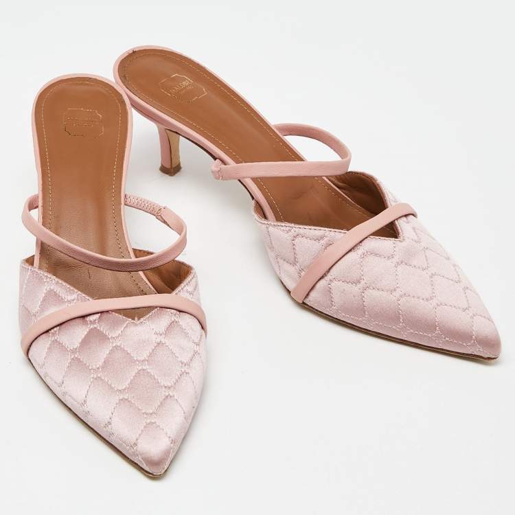 Pre Owned Malone Souliers Two Tone Pink Quilted Satin and Leather Frankie Mules Size 39.5