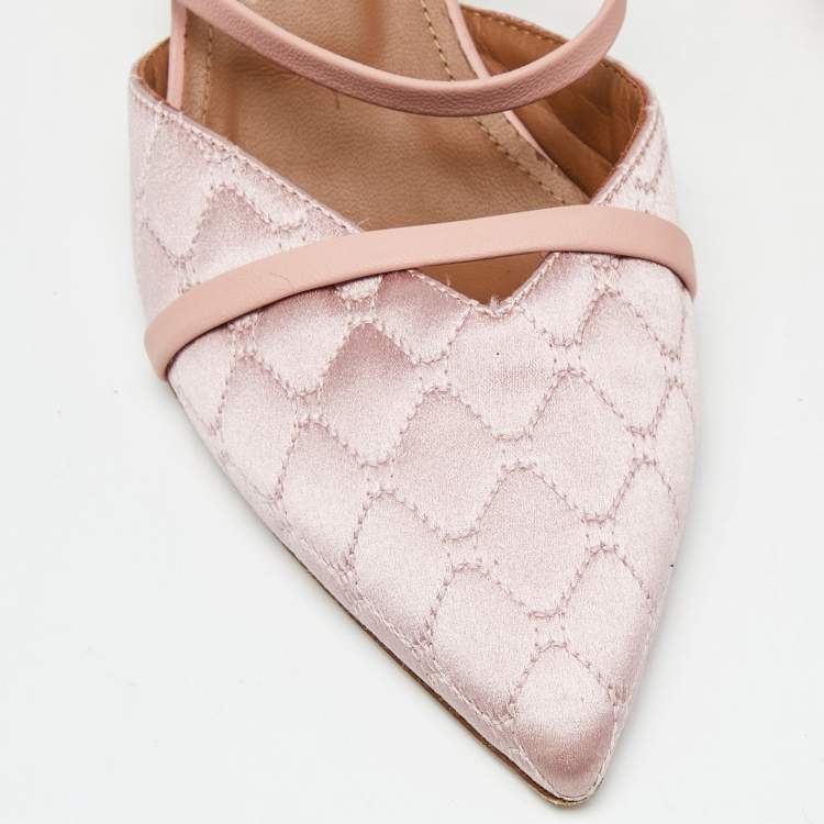 Pre Owned Malone Souliers Two Tone Pink Quilted Satin and Leather Frankie Mules Size 39.5